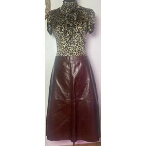 Gap Vintage Y2K Womens Brown Leather A-Line Skirt Raw Hem Stitch Accents
